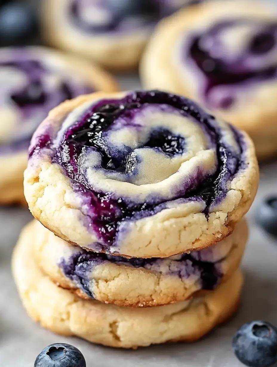 A stack of swirl cookies filled with blueberry jam, surrounded by fresh blueberries.