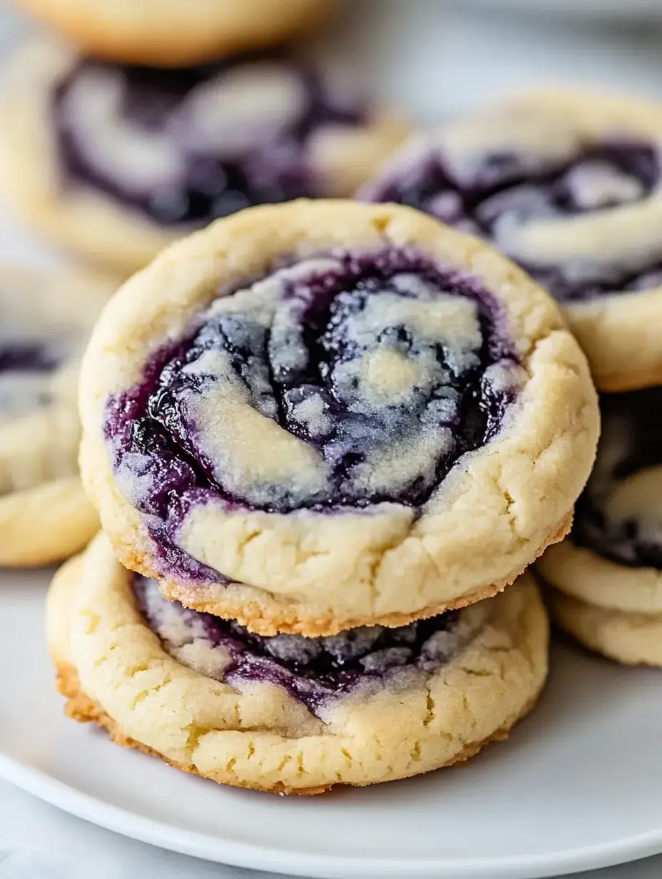 A close-up of stacked cookies with a swirl of blueberry filling on a white plate.