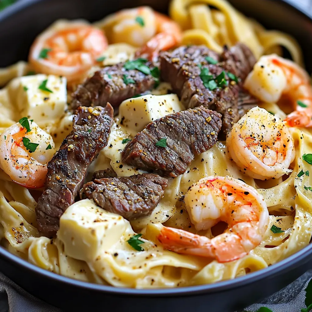 Cajun Shrimp and Steak Alfredo Pasta