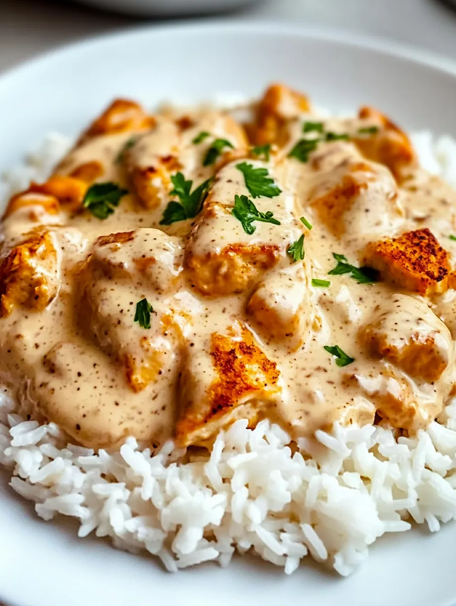 A plate of rice with chicken and sauce.