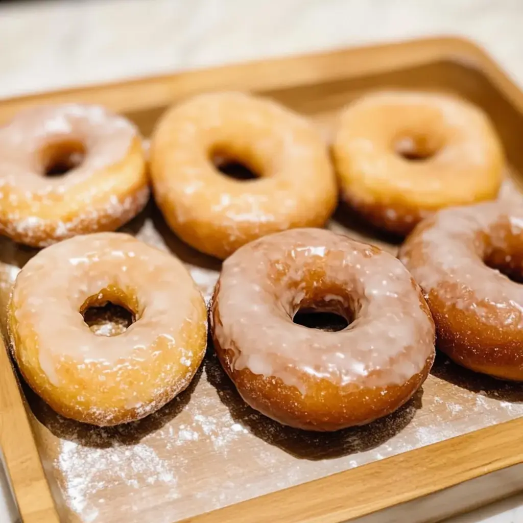 A wooden tray with six donuts on it.