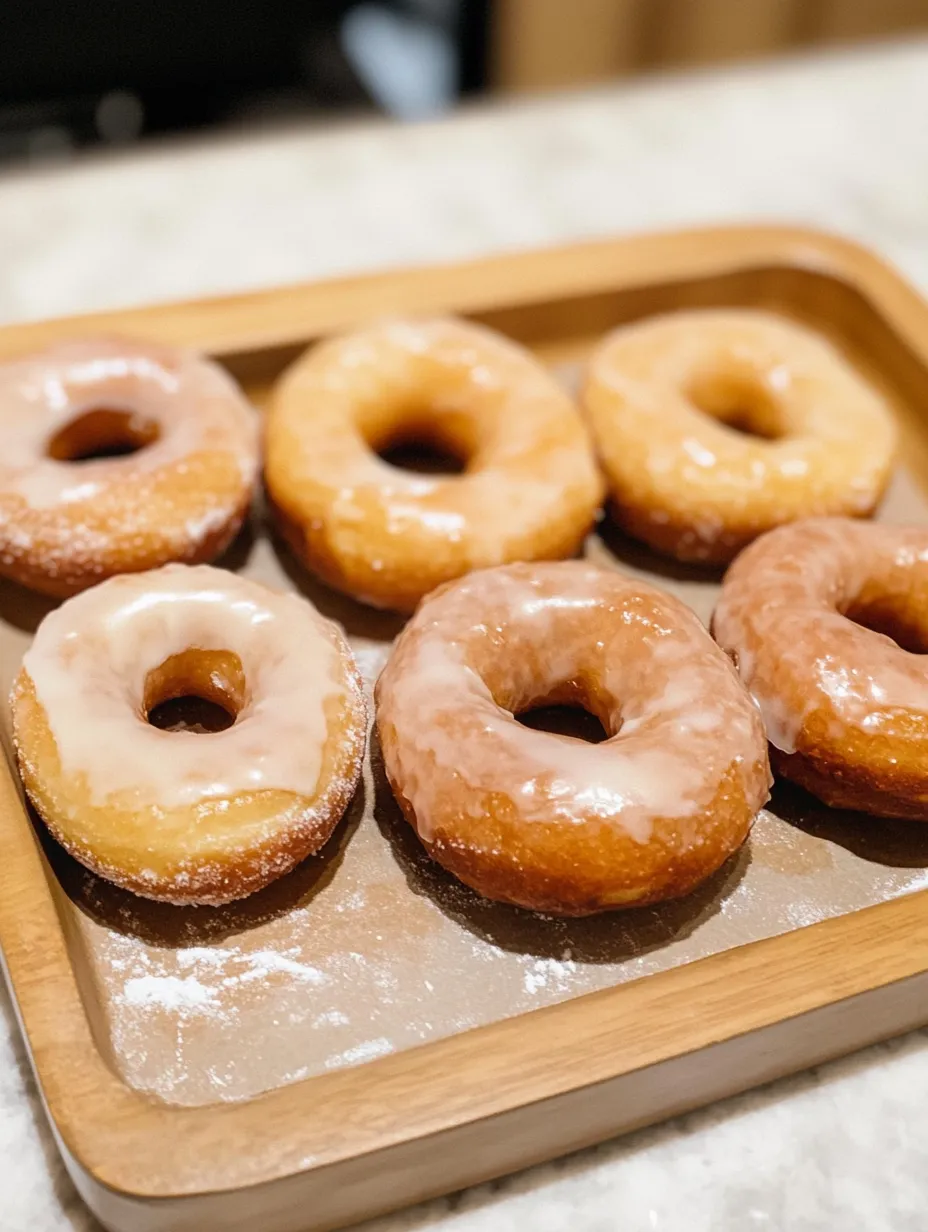 A wooden tray with six donuts on it.