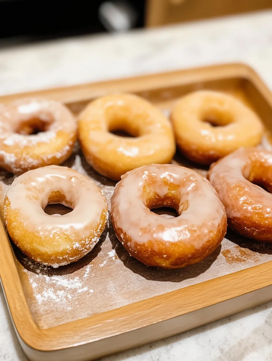 A wooden tray with six donuts on it.