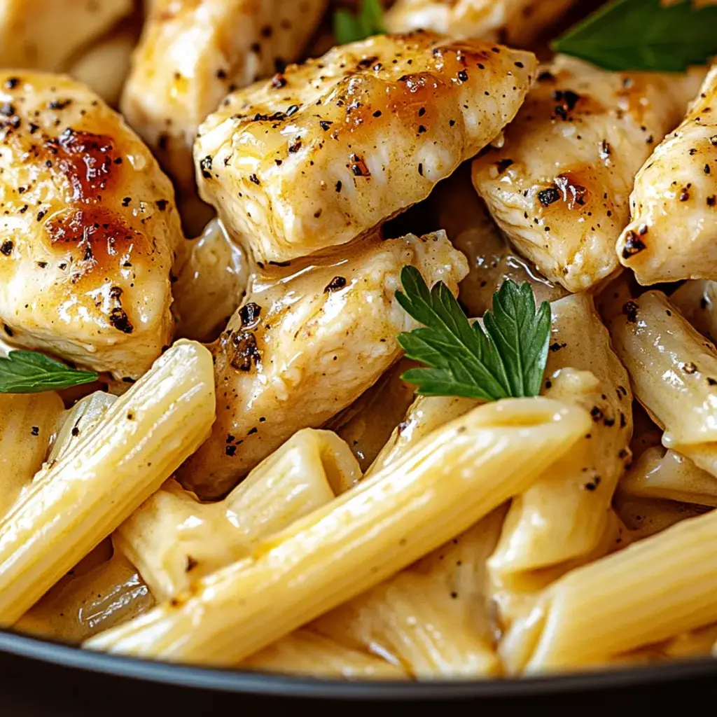 A plate of chicken and pasta with a sprig of parsley on top.