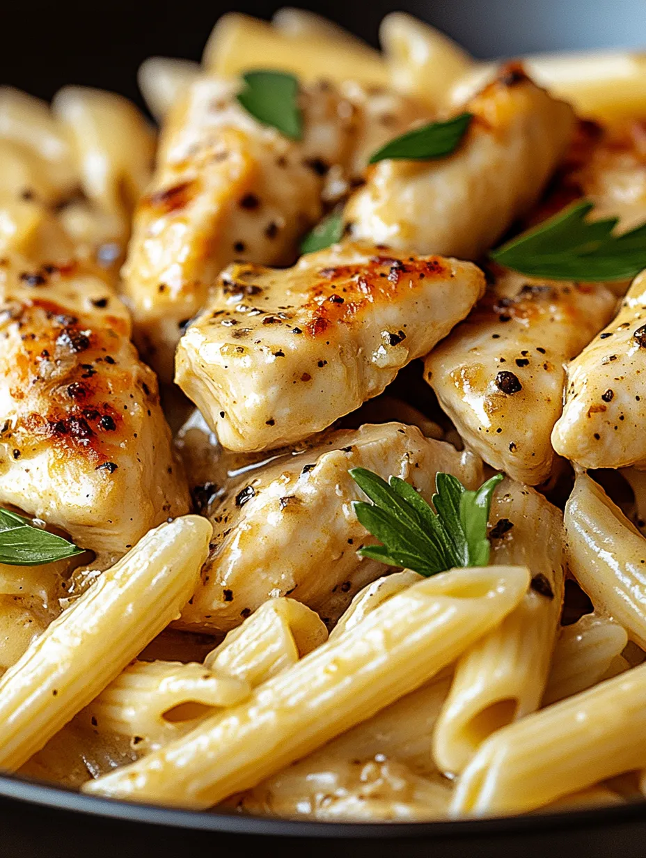 A plate of pasta with chicken and herbs.