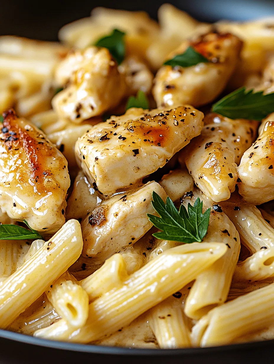 A plate of pasta with chicken and herbs.