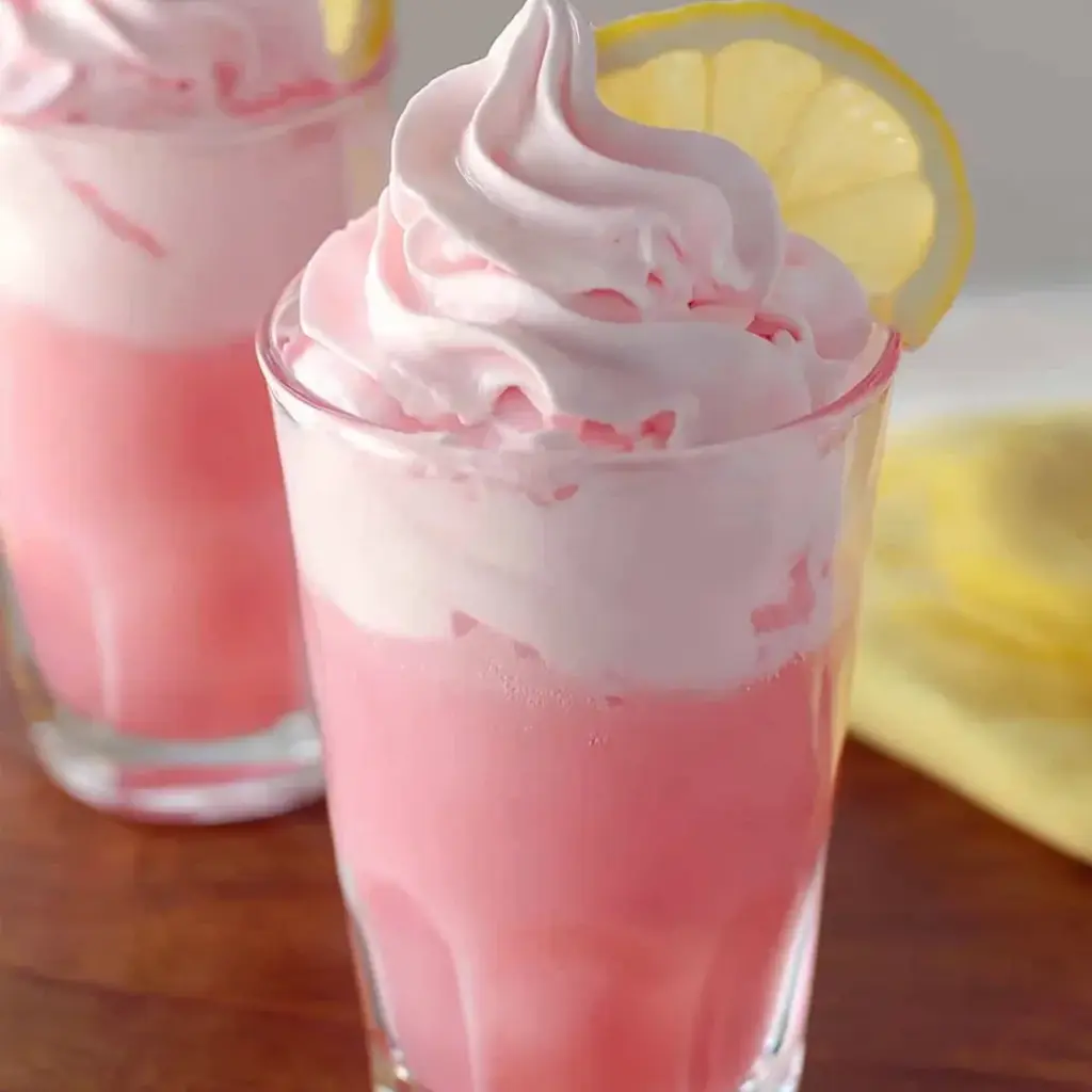 Two glasses of pink whipped cream with lemon slices on top.