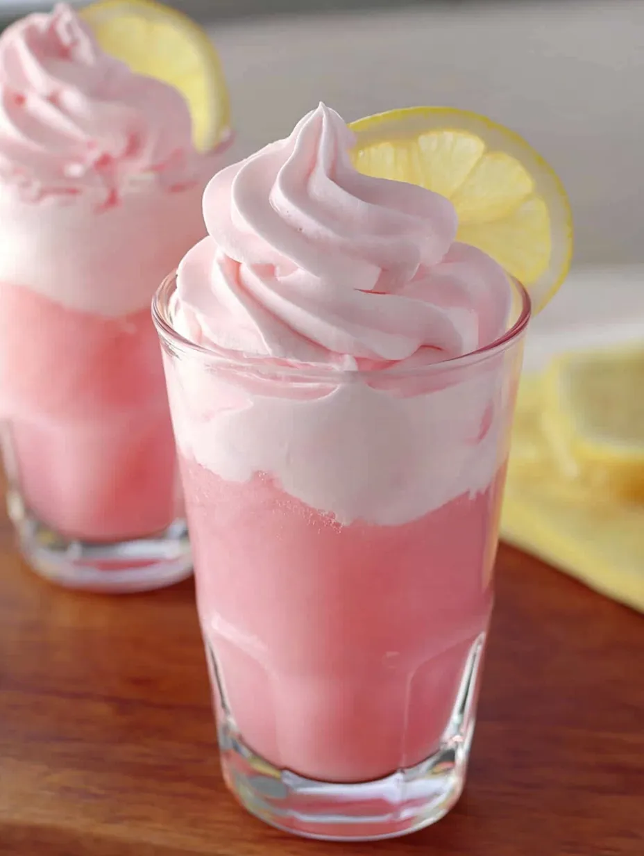 Two glasses of pink and white drinks with lemon slices on the side.