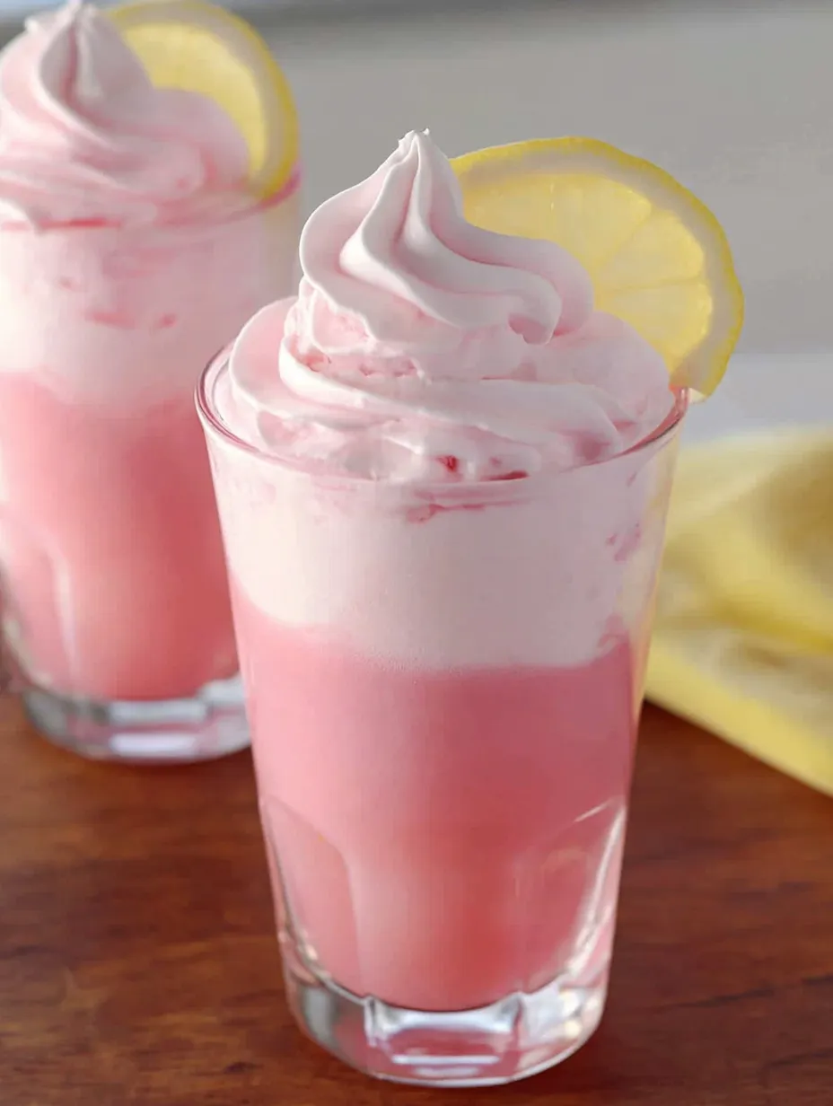 Two glasses of pink milkshake with a lemon wedge on the side.