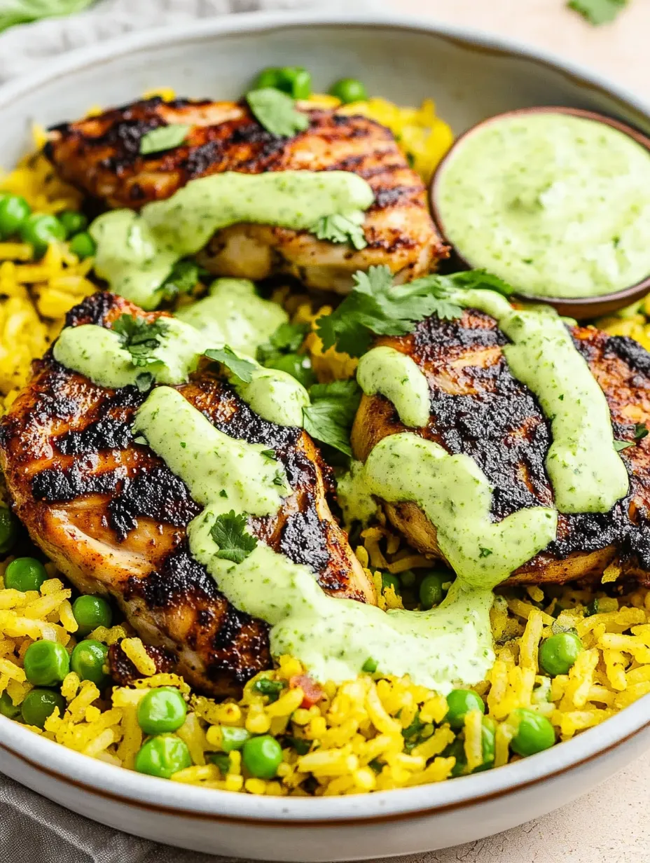 A plate of food with rice, peas, and chicken.