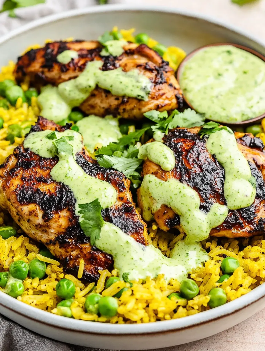 A plate of rice with chicken and peas, drizzled with a white sauce.