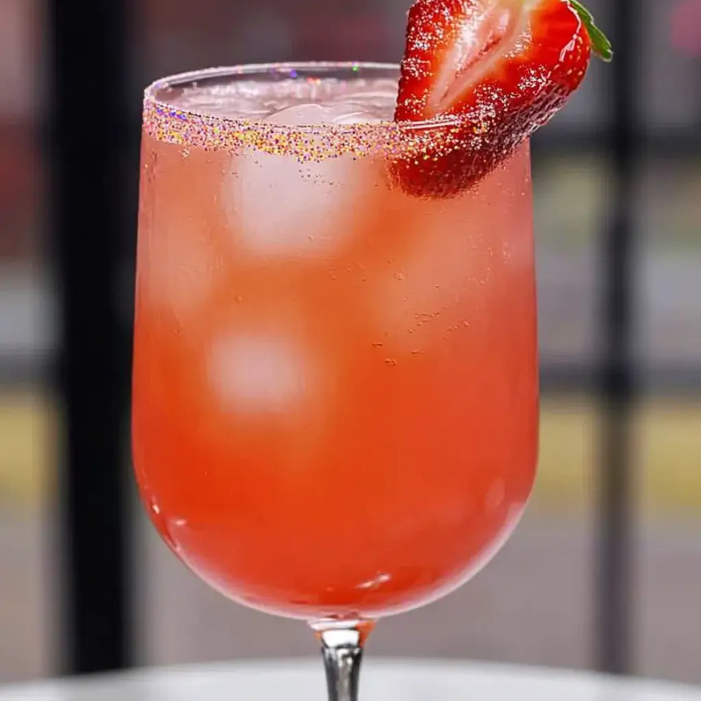 A glass of pink drink with a strawberry on top.