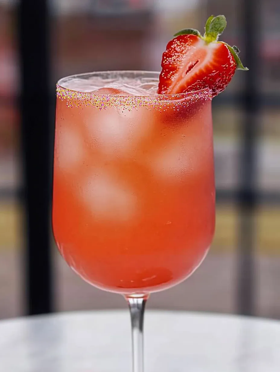 A glass of pink drink with a strawberry on top.