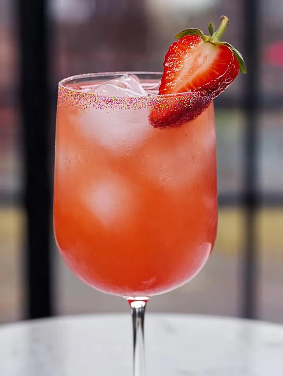 A glass of pink drink with a strawberry on top.