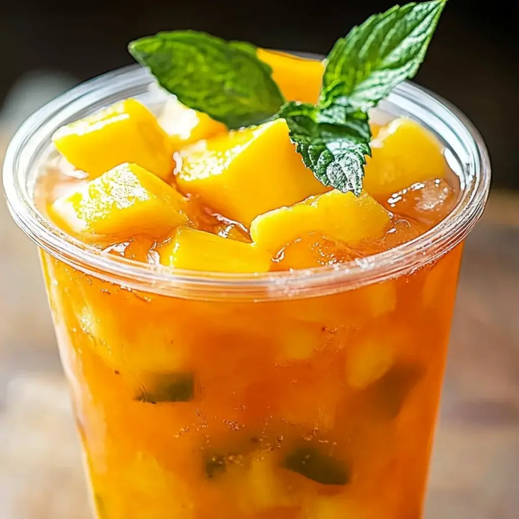 A glass of fruit juice with a mint garnish.