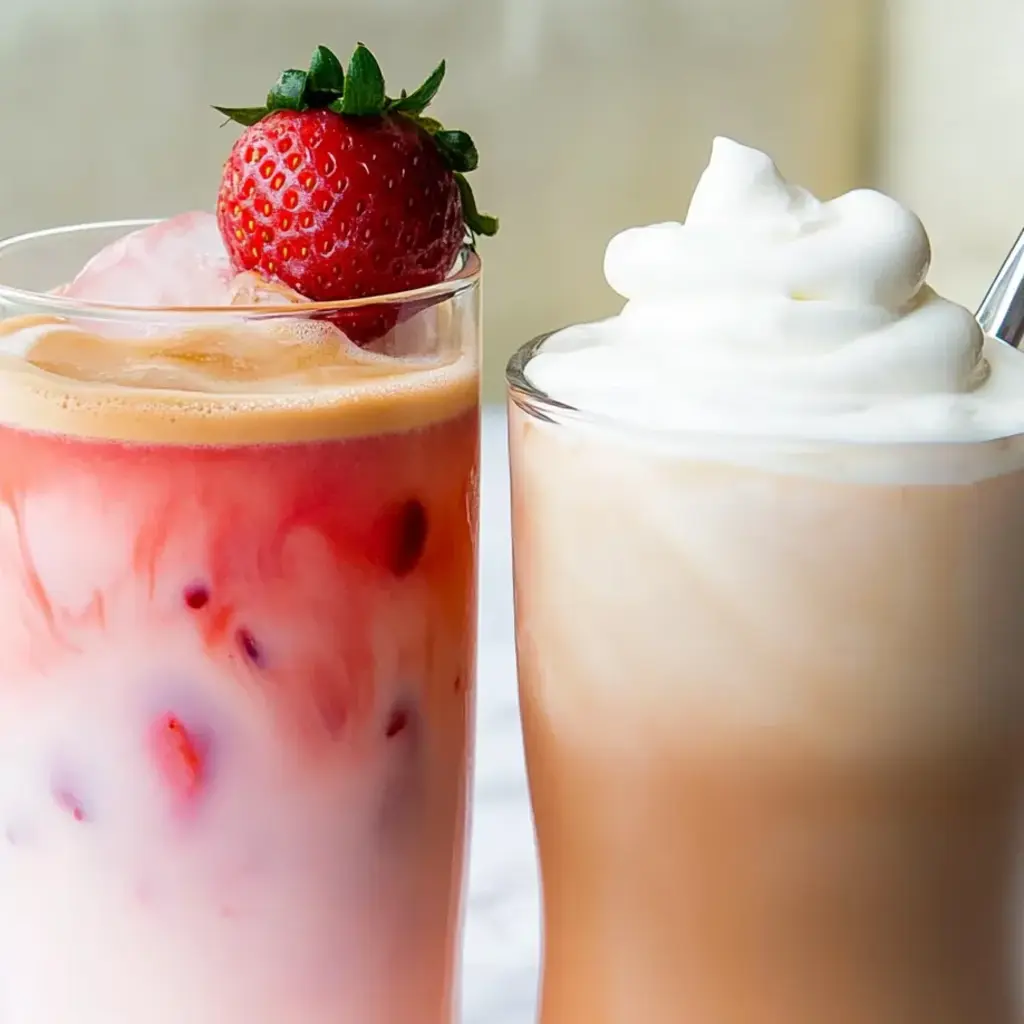 Two glasses of strawberry milk are placed next to each other.