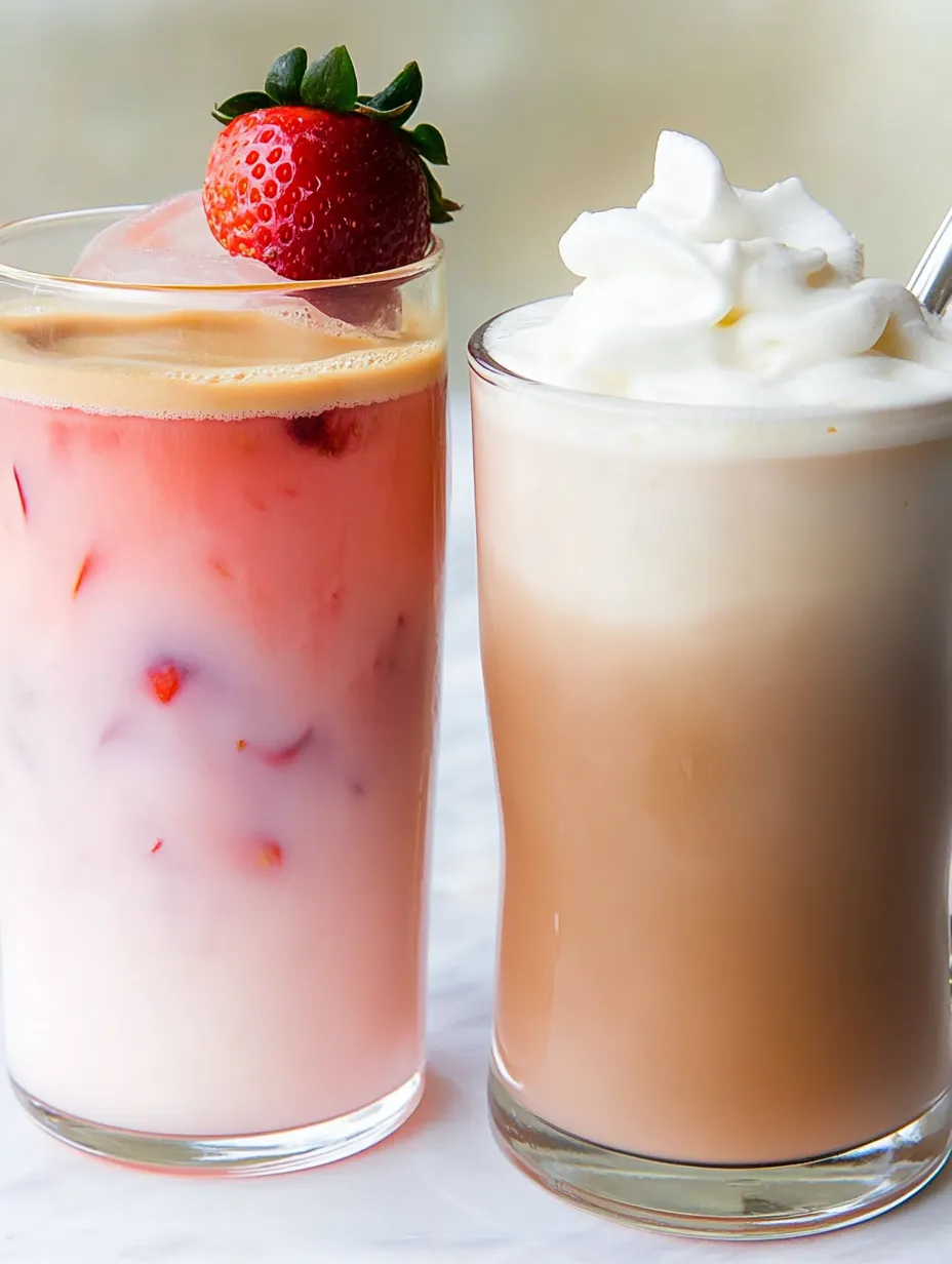 Two glasses of milk with strawberries on top.