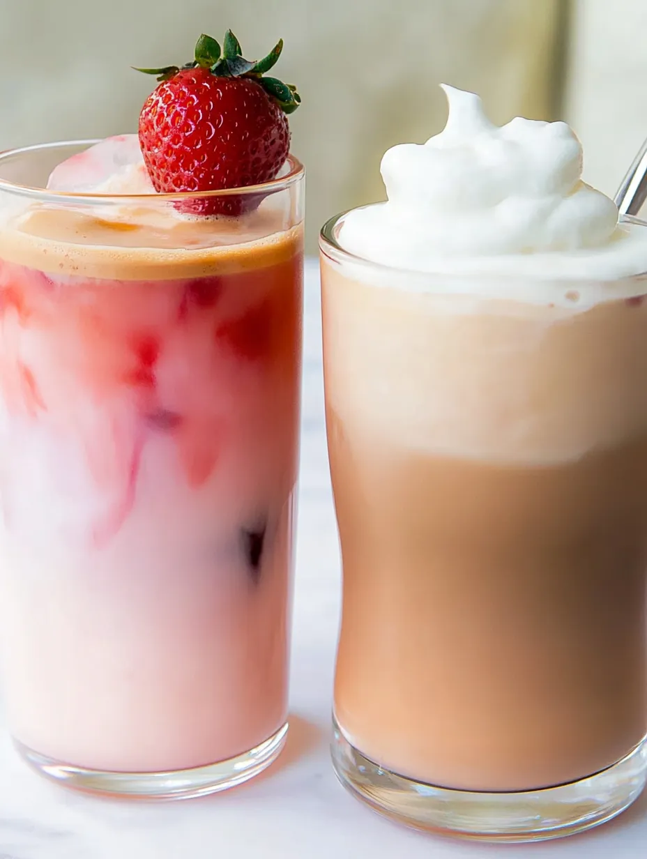 Two glasses of strawberry milk are placed on a table.