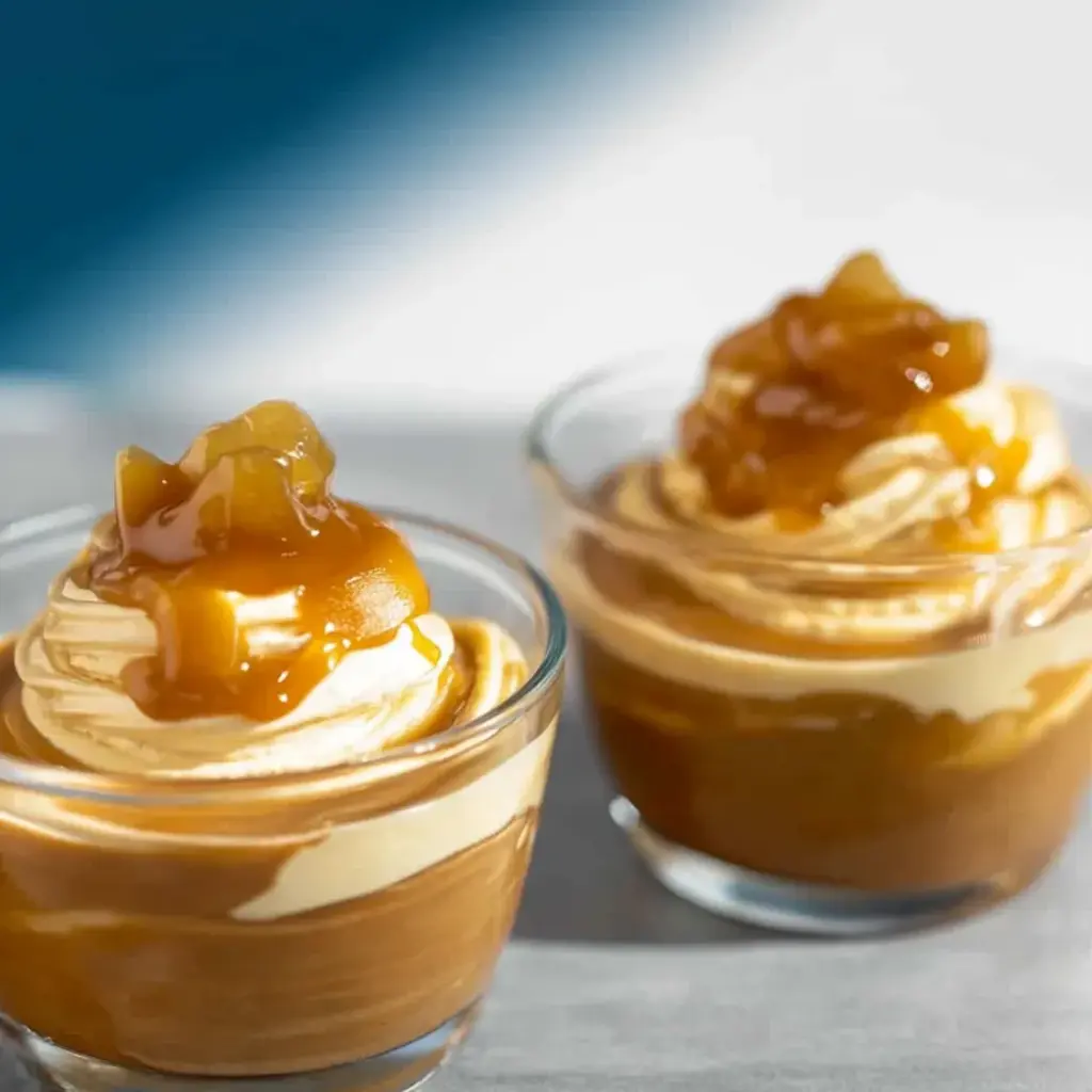 Two desserts with caramel sauce in glasses.