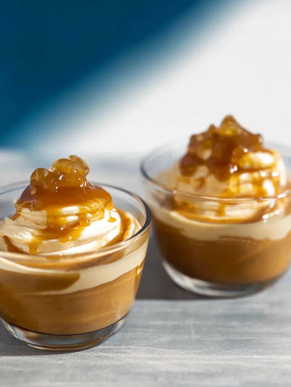 Two glasses of dessert with caramel sauce on top.