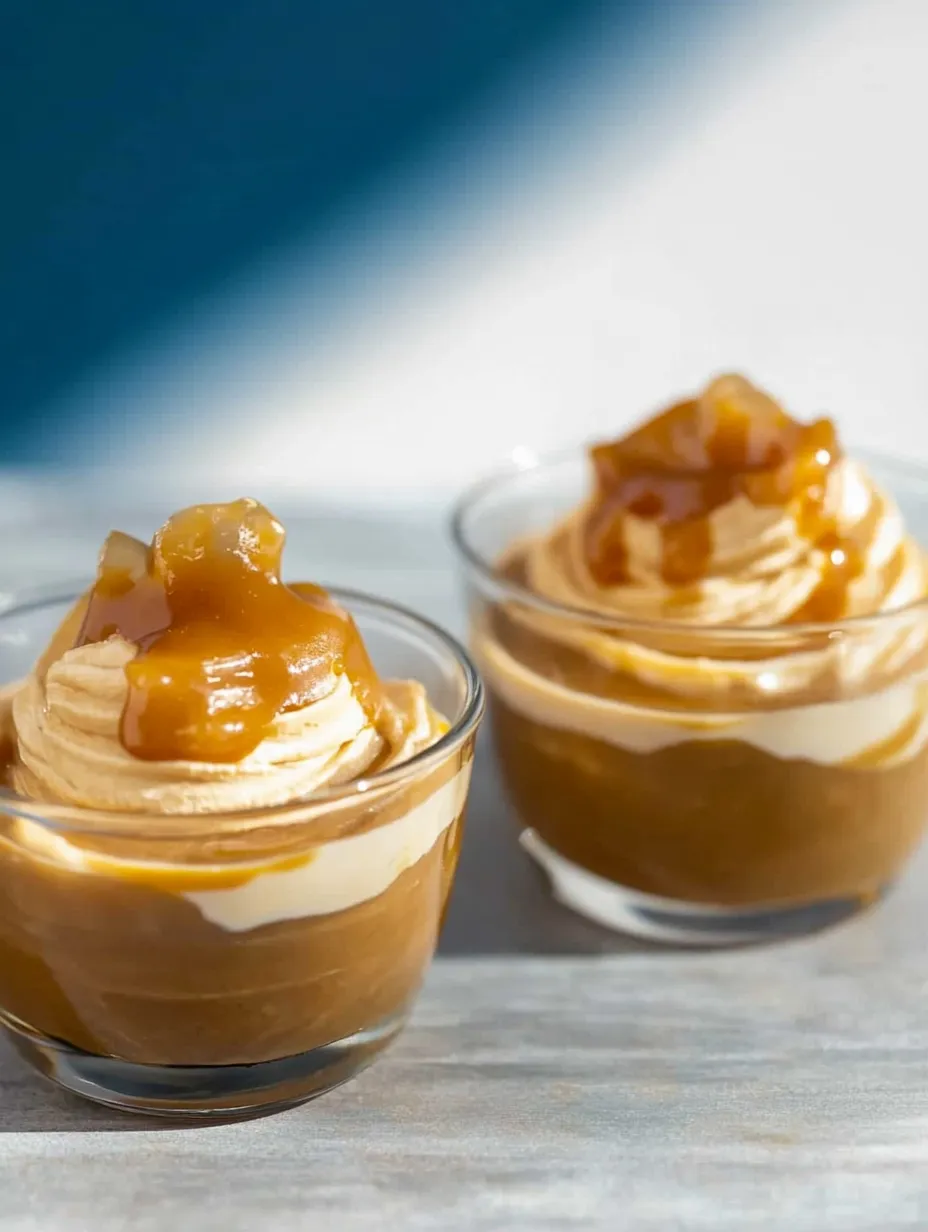 Two bowls of dessert with caramel sauce on top.