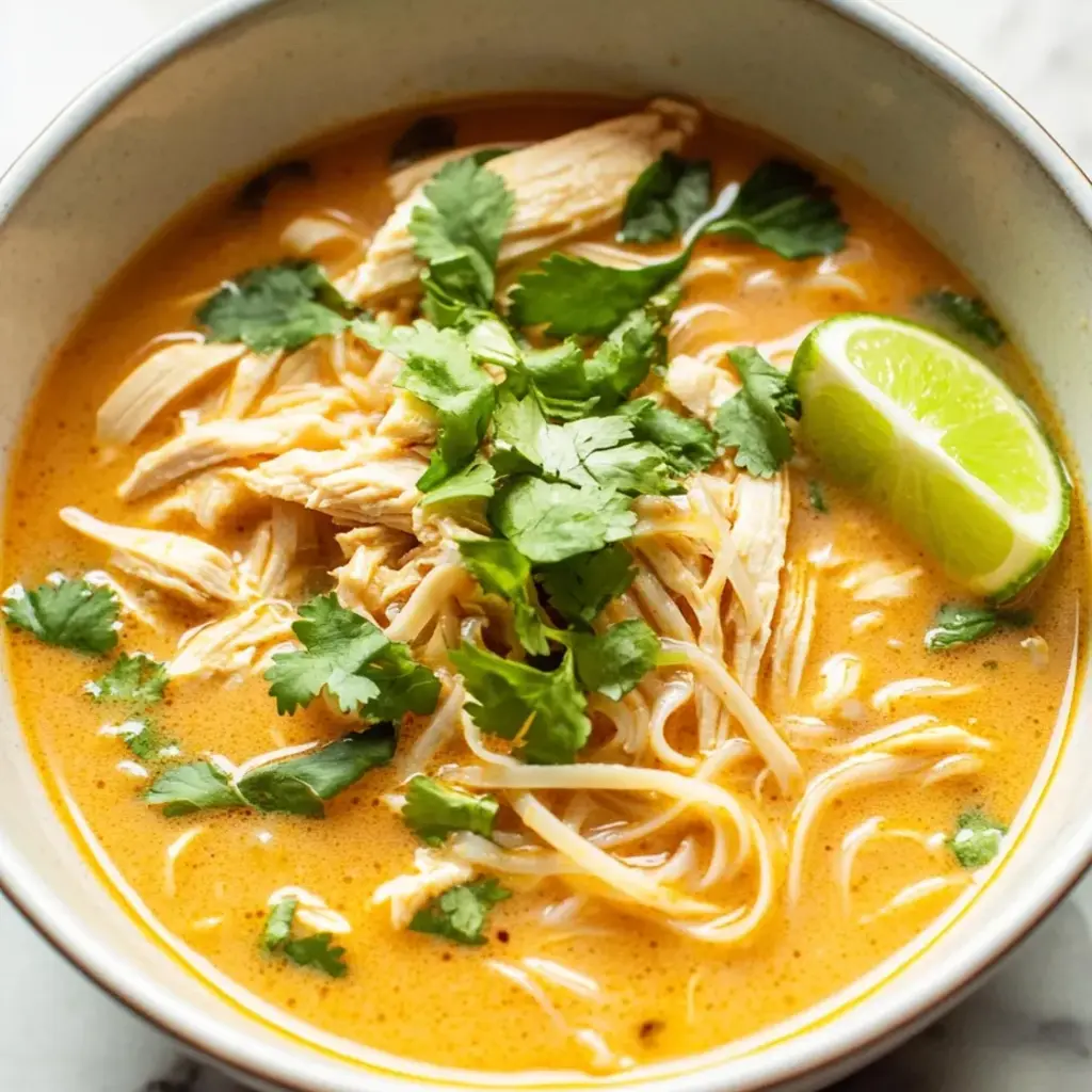 A bowl of soup with chicken, lime, and cilantro.