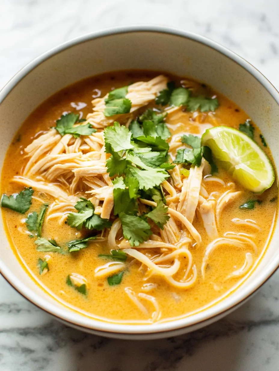 A bowl of soup with chicken, lime, and cilantro.