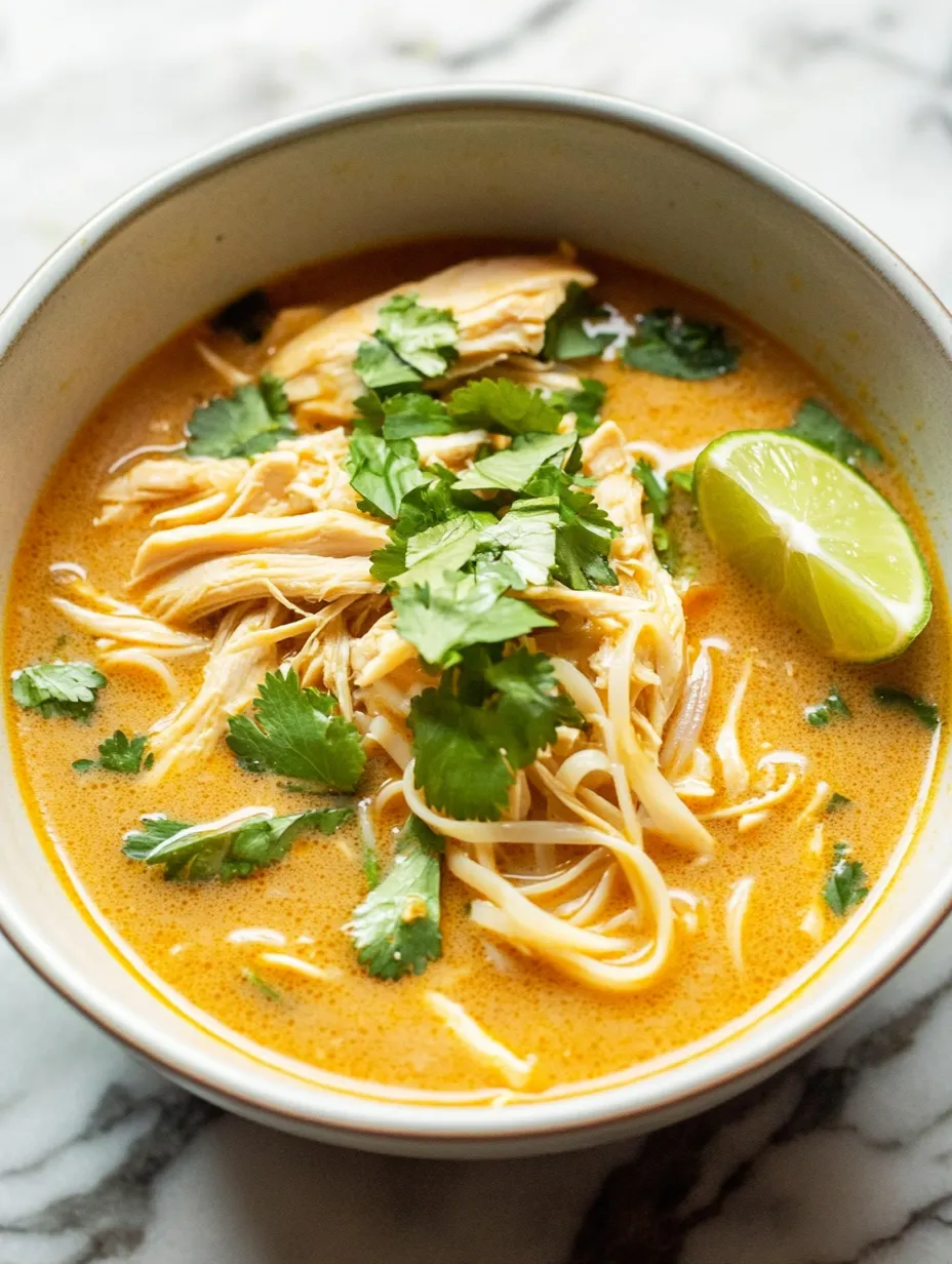 A bowl of soup with chicken and vegetables, including lime and cilantro.