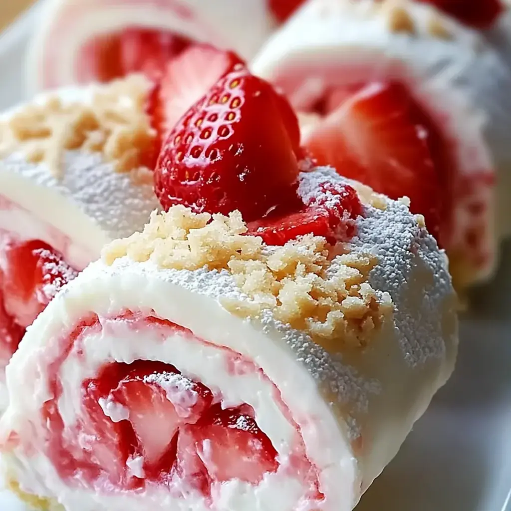 A delicious dessert roll with strawberries and whipped cream.