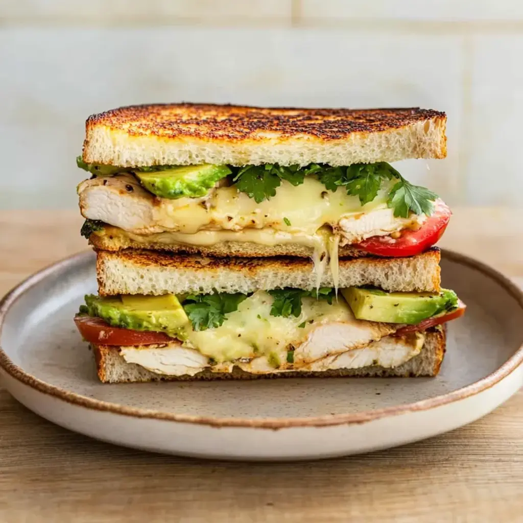 A sandwich with chicken, avocado, and tomato is sitting on a plate.