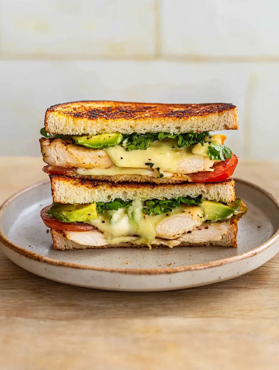 A sandwich with chicken, tomato, and avocado is sitting on a plate.