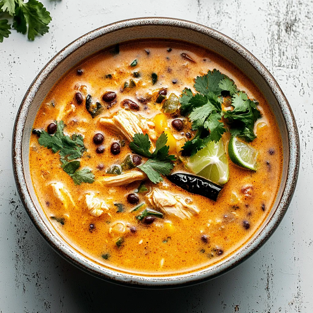 A bowl of soup with a spoon in it.