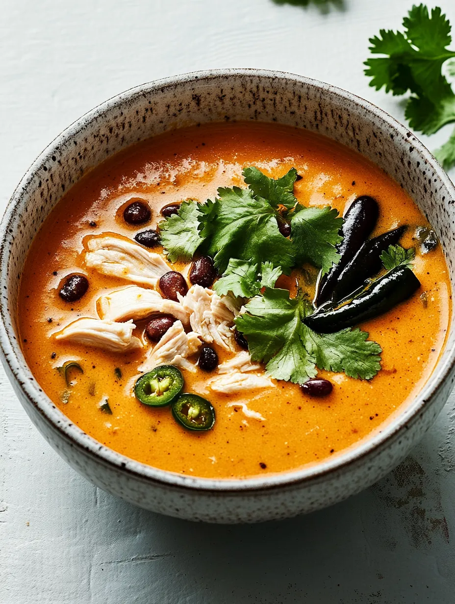 A bowl of soup with chicken, beans, and spices.