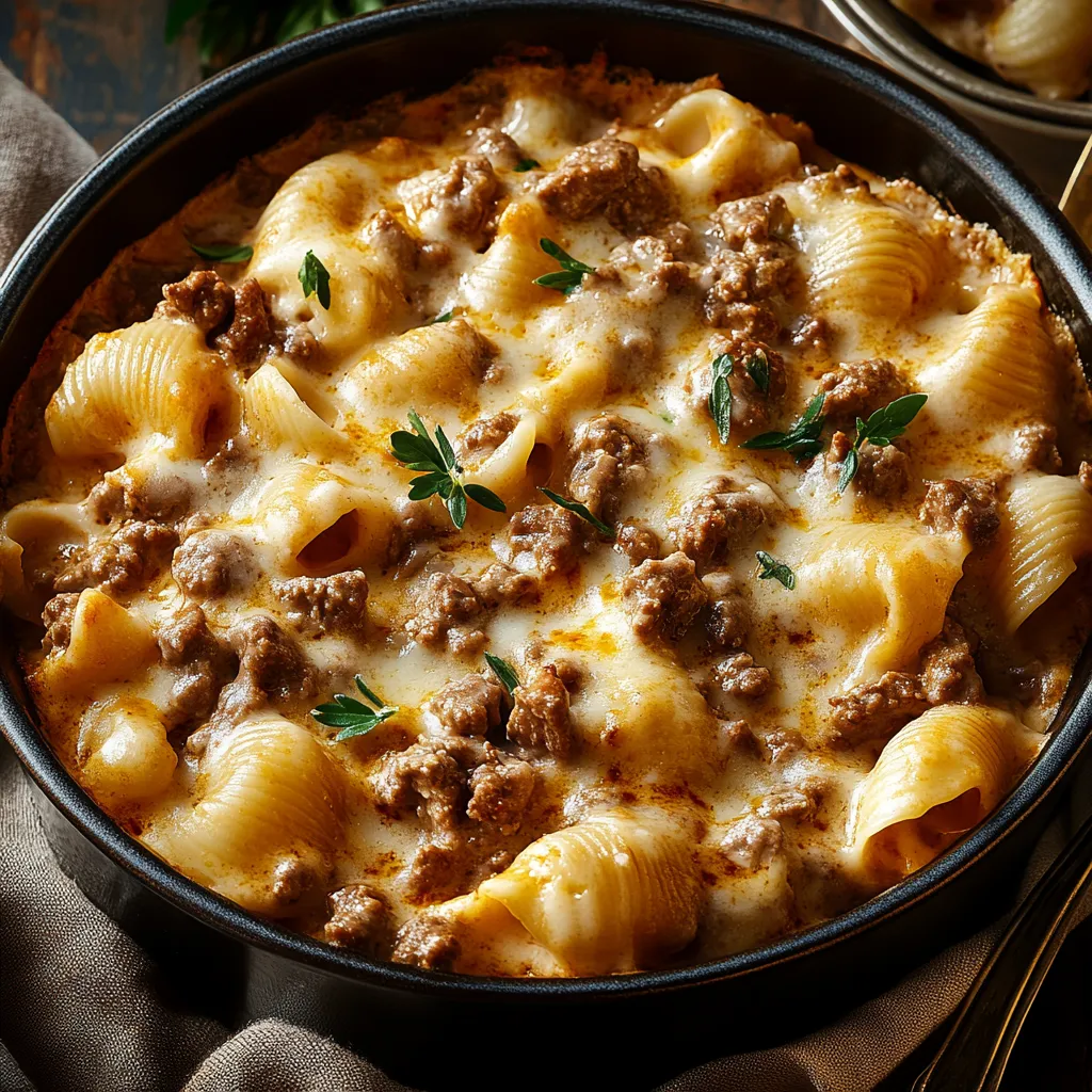 A bowl of pasta with meat and cheese on a table.