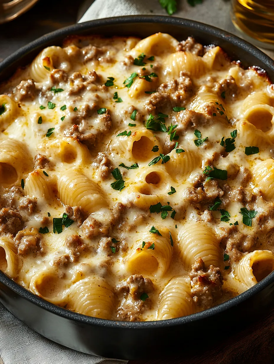 A bowl of pasta with meat and cheese.