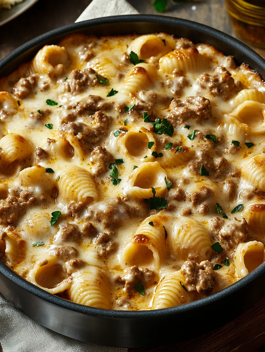 A bowl of pasta with meat and cheese.