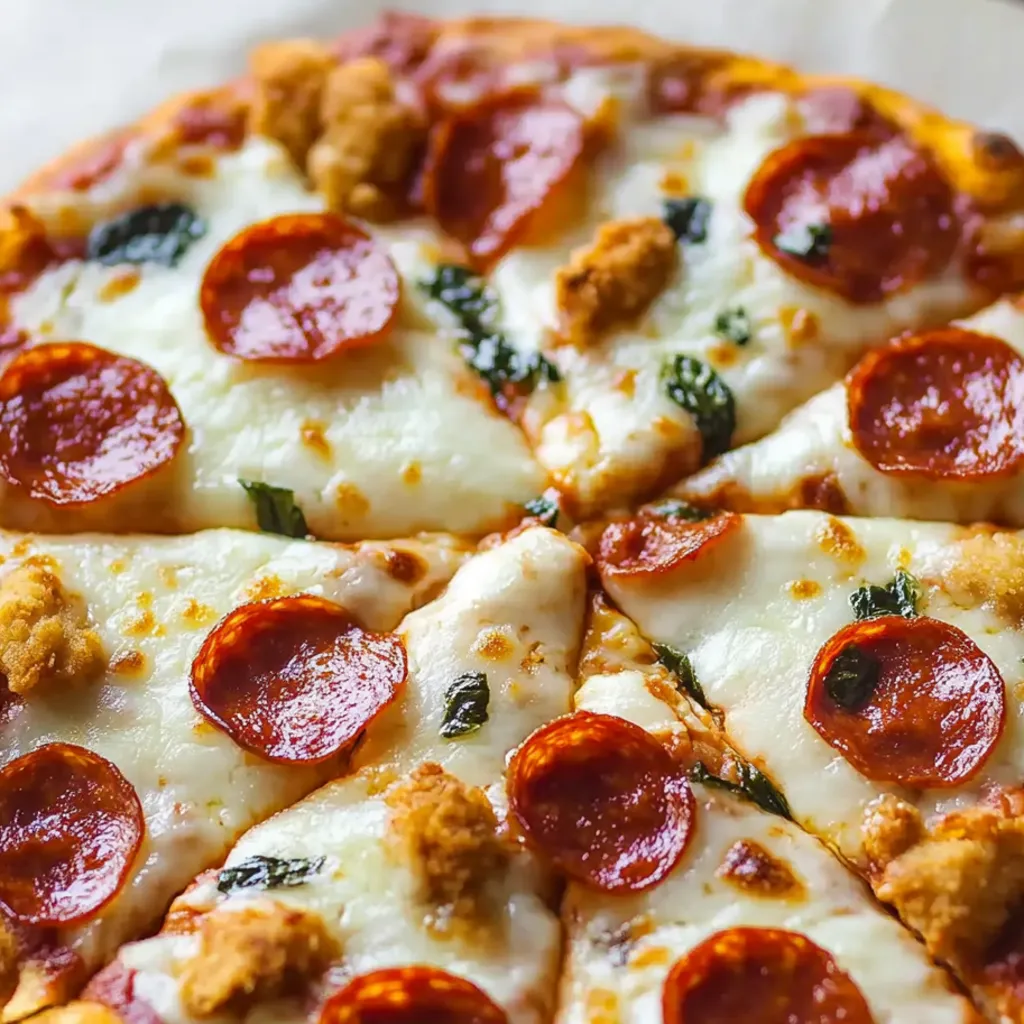 A pizza with pepperoni and chicken toppings.