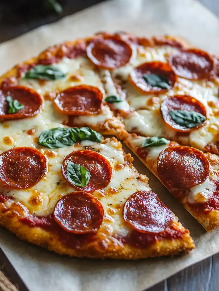 A pizza with pepperoni and basil toppings.