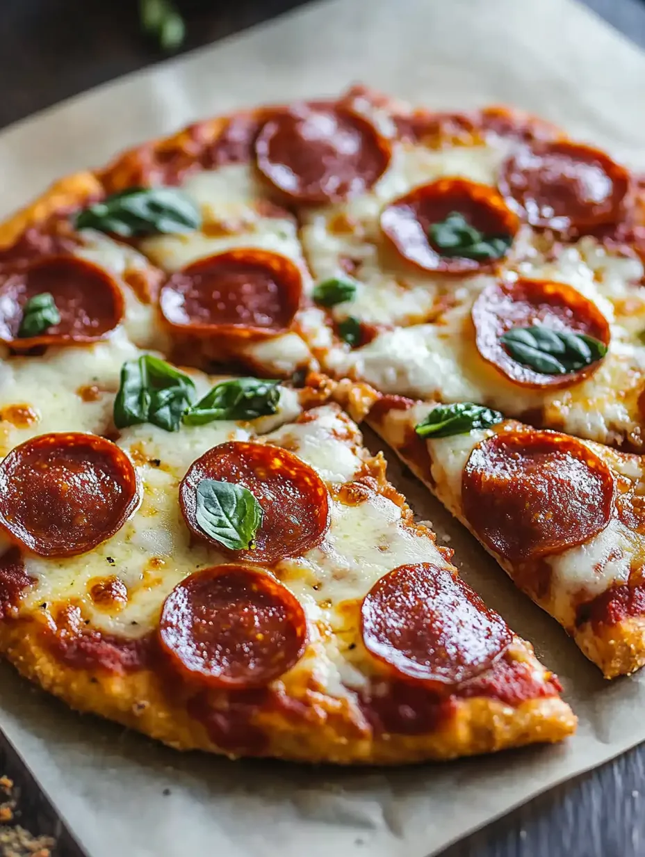 A pizza with pepperoni and basil toppings.