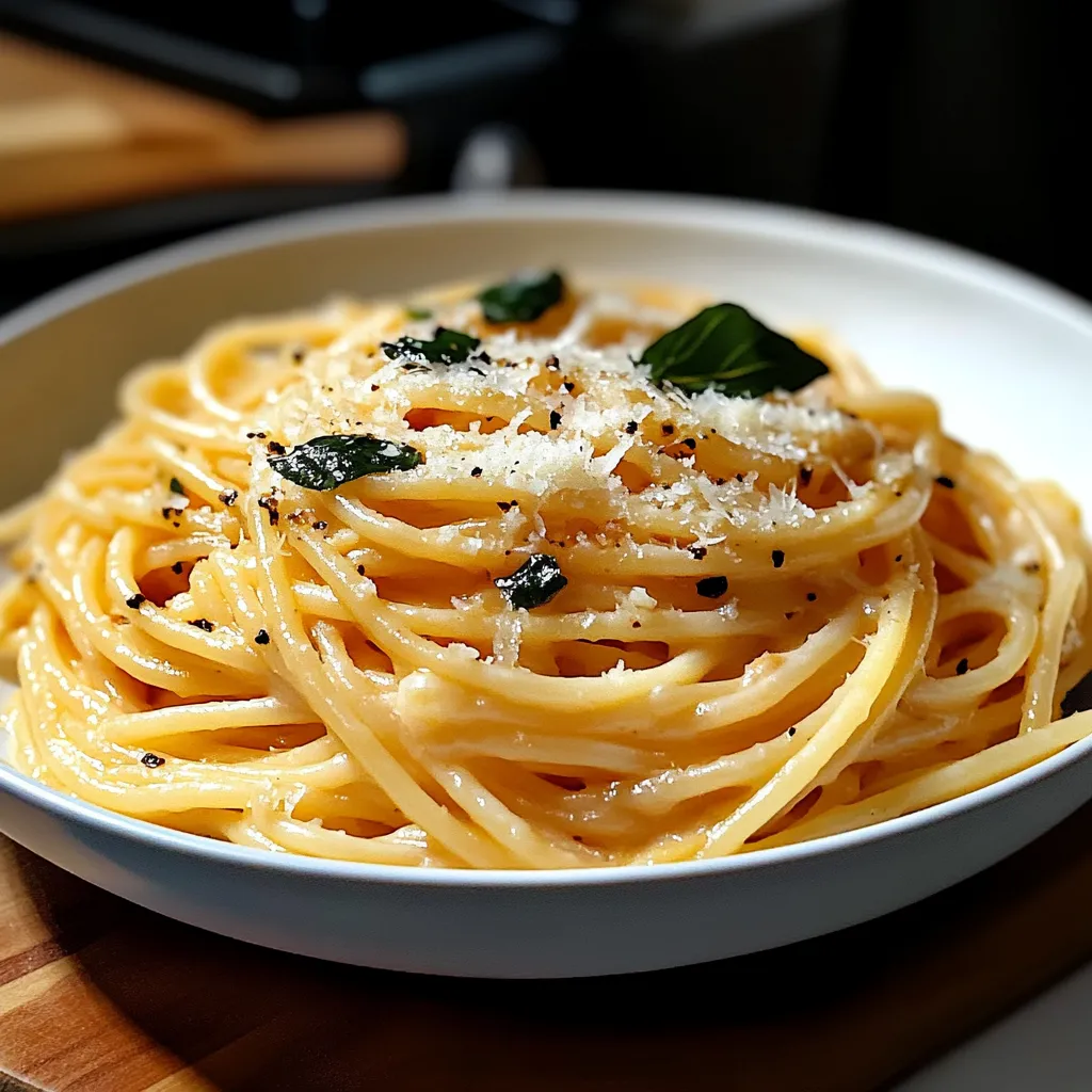 A bowl of spaghetti with cheese and herbs on a wooden table.