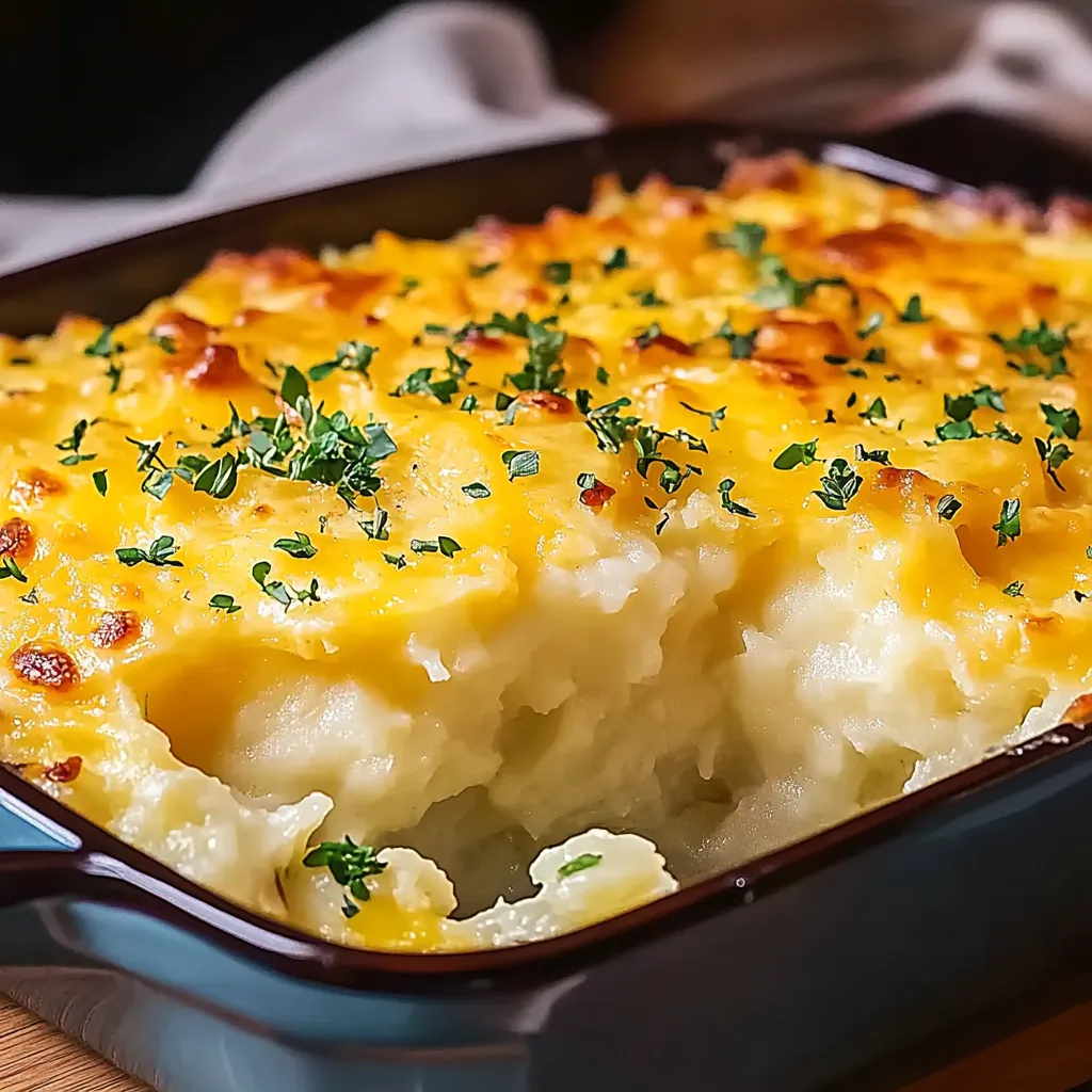 A delicious casserole in a blue dish.