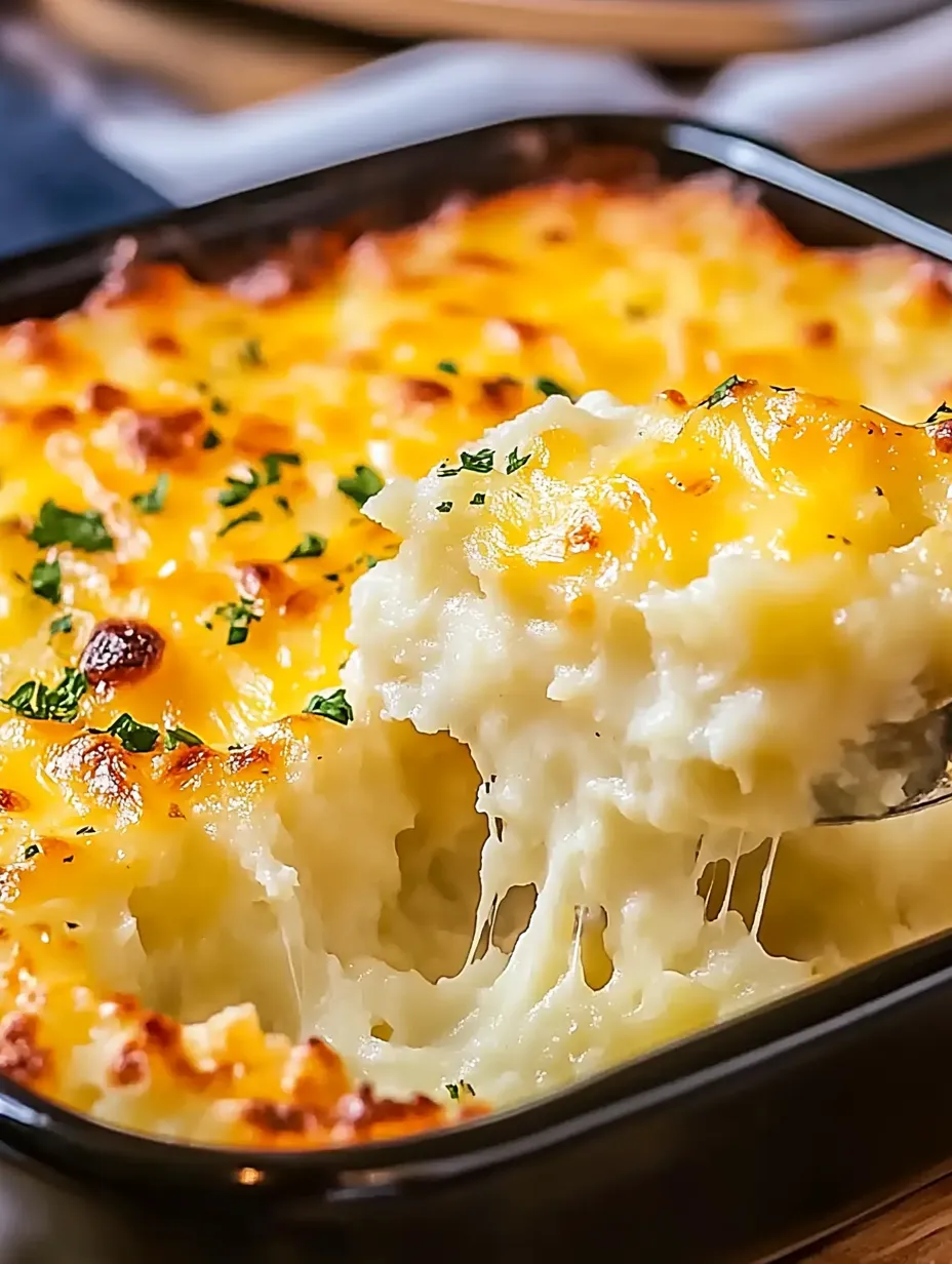 A delicious cheesy casserole with a fork in it.