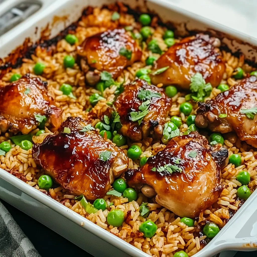 A delicious meal of rice, peas, and chicken is served in a white dish.