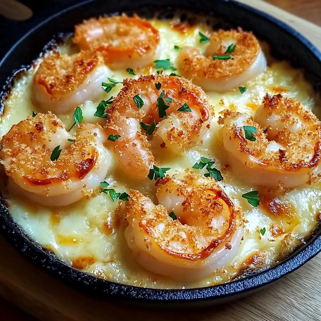 A delicious seafood dish with shrimp and cheese, cooked in a skillet.