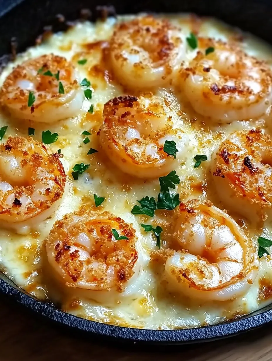 A delicious seafood dish with shrimp and cheese, served in a black bowl.