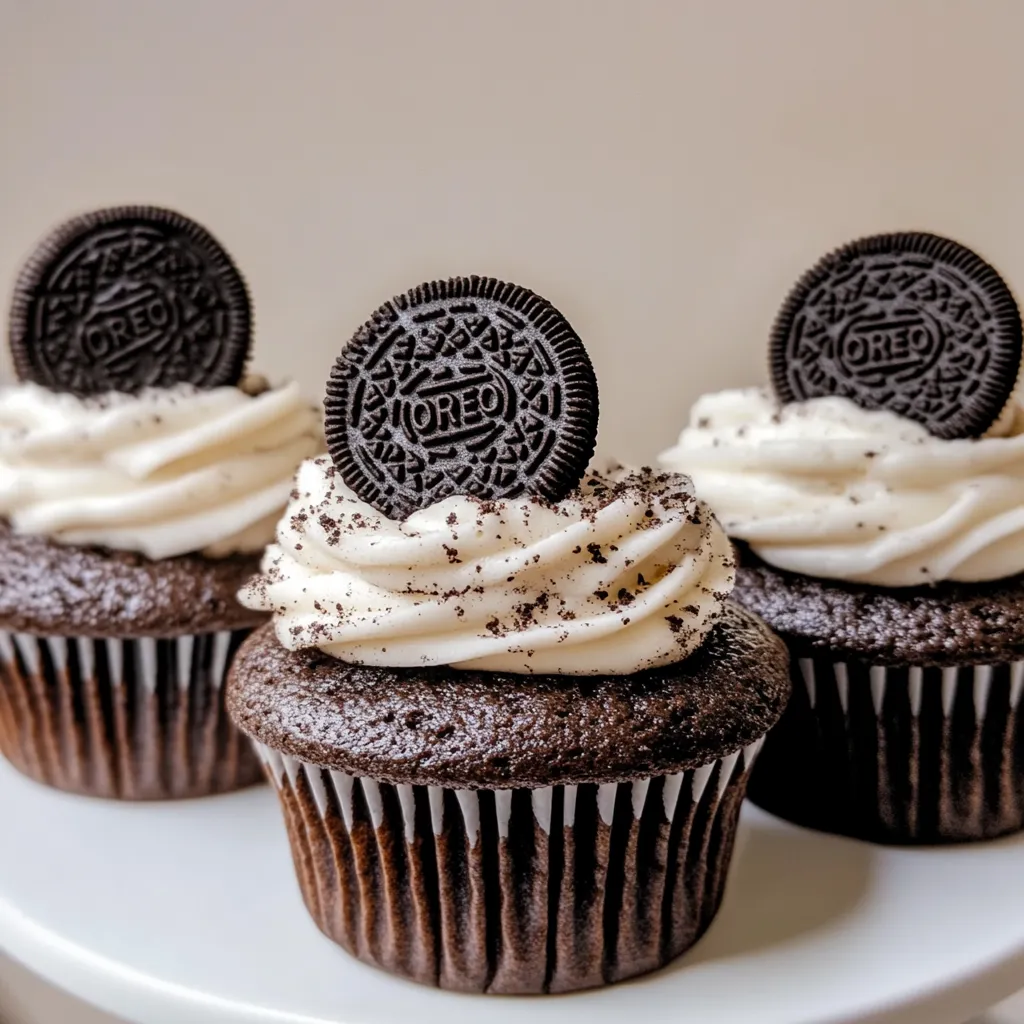 Three cupcakes with Oreo cookies on top.