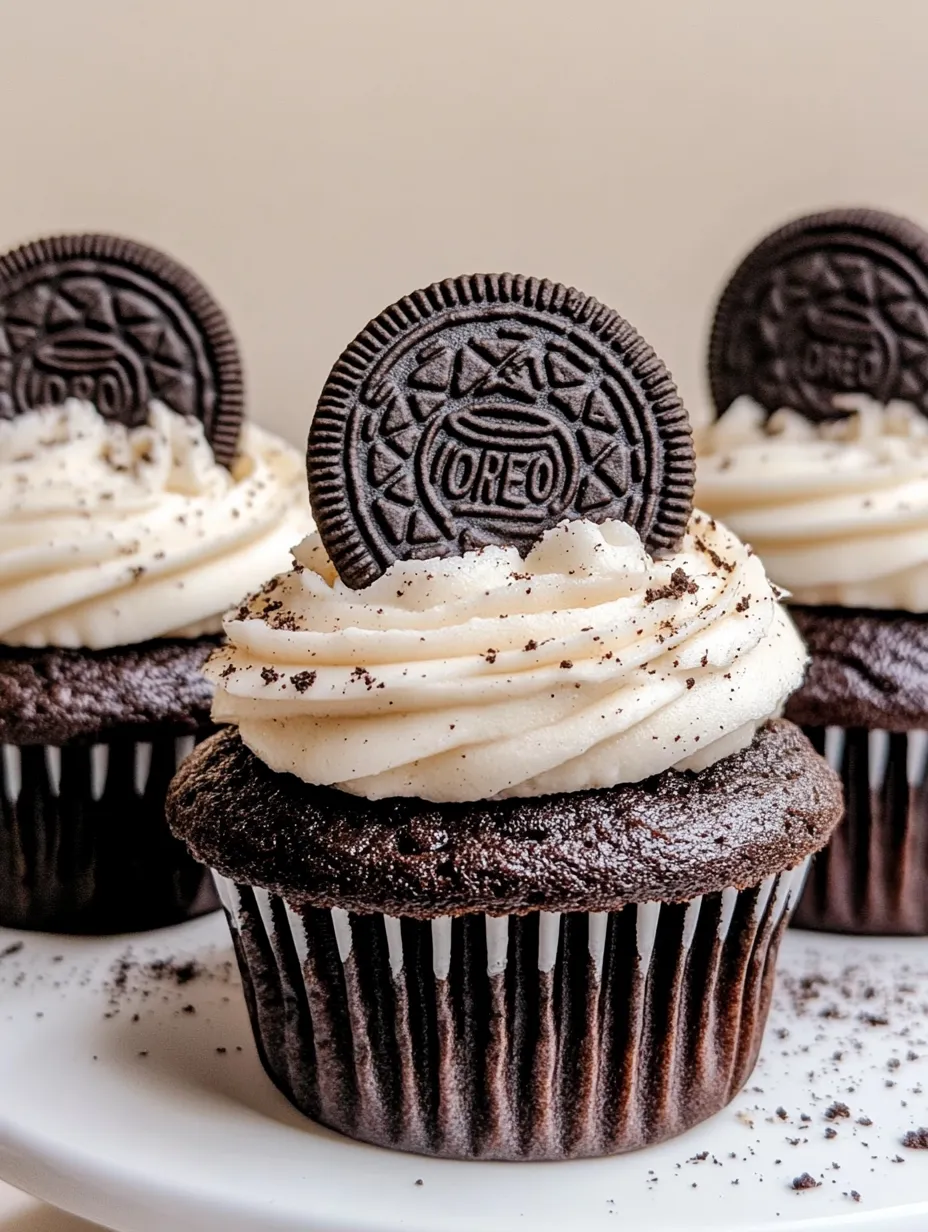 Chocolate cupcakes with Oreo cookies on top.