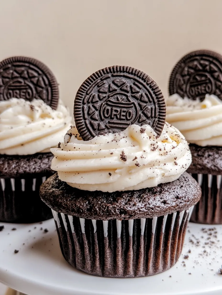 Three cupcakes with Oreo cookies on top.