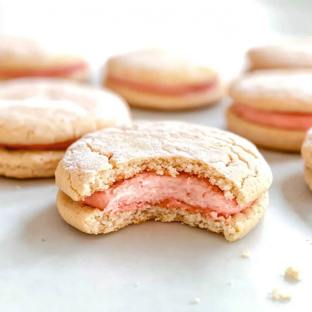 A plate of cookies with pink frosting and a bite taken out of one of them.