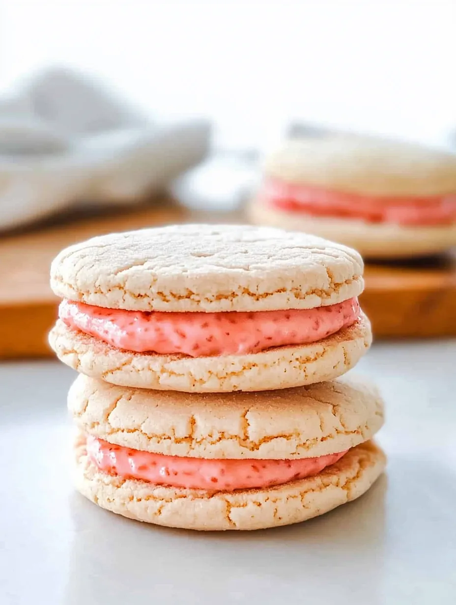 A stack of four cookies with pink frosting.